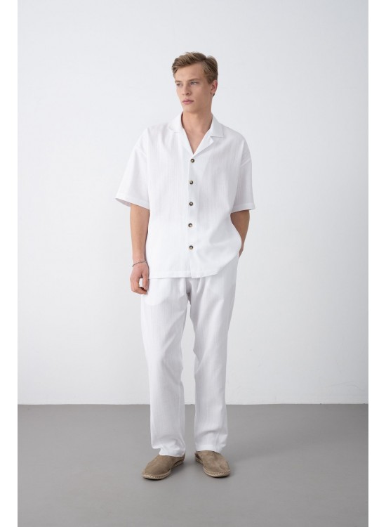 Dokuma Detaylı Gömlek – Beyaz -  Oversize Fit