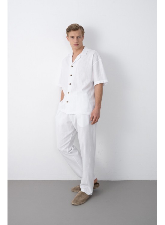 Dokuma Detaylı Gömlek – Beyaz -  Oversize Fit