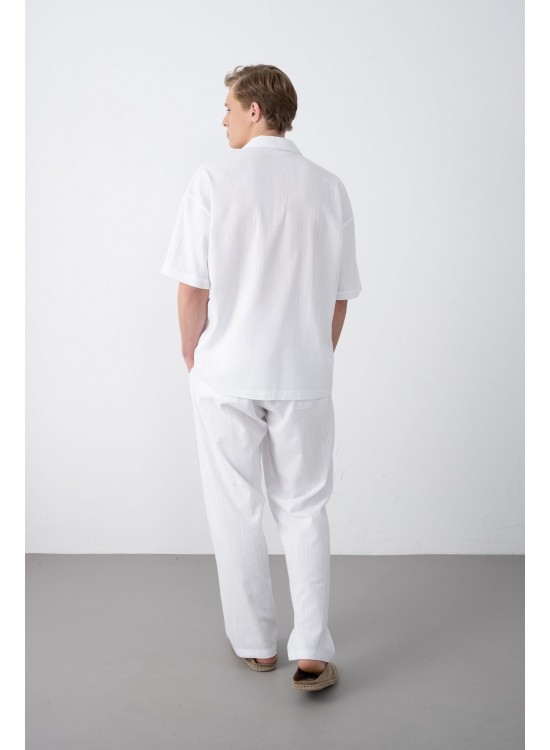 Dokuma Detaylı Gömlek – Beyaz -  Oversize Fit