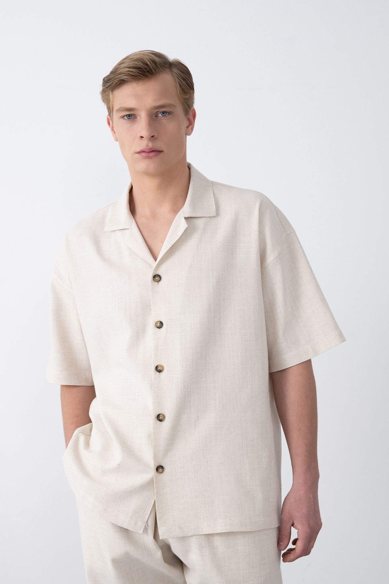 Dokuma Detaylı Gömlek – Bej - Oversize Fit