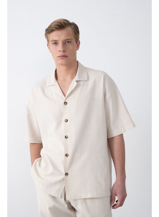 Dokuma Detaylı Gömlek – Bej - Oversize Fit