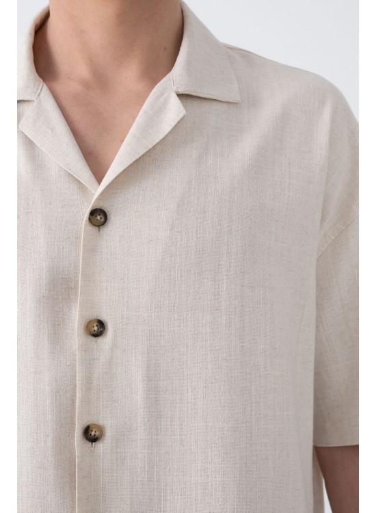 Dokuma Detaylı Gömlek – Bej - Oversize Fit