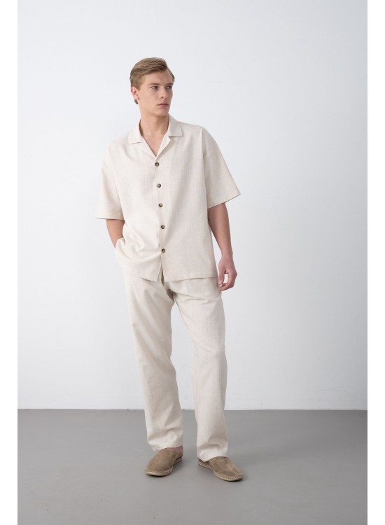 Dokuma Detaylı Gömlek – Bej - Oversize Fit