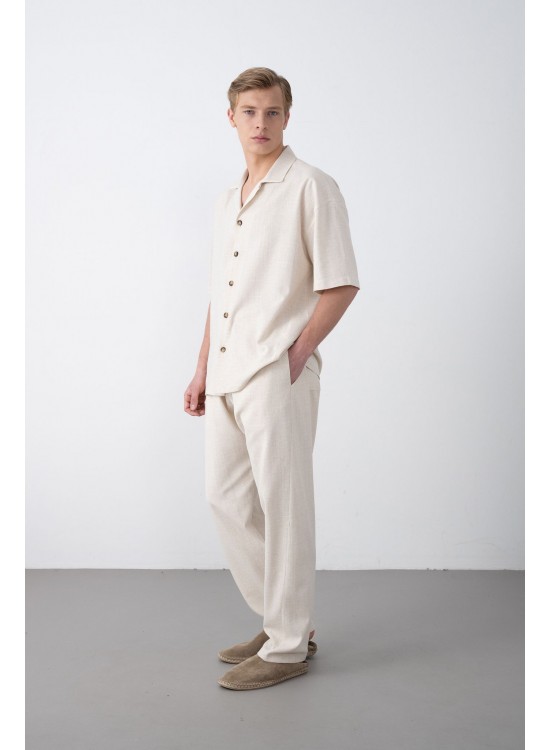 Dokuma Detaylı Gömlek – Bej - Oversize Fit