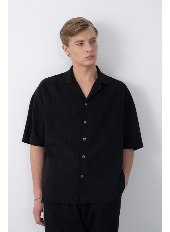 Dokuma Detaylı Gömlek – Siyah - Oversize Fit