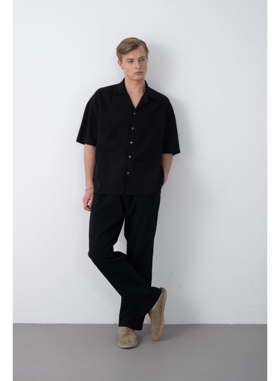 Dokuma Detaylı Gömlek – Siyah - Oversize Fit