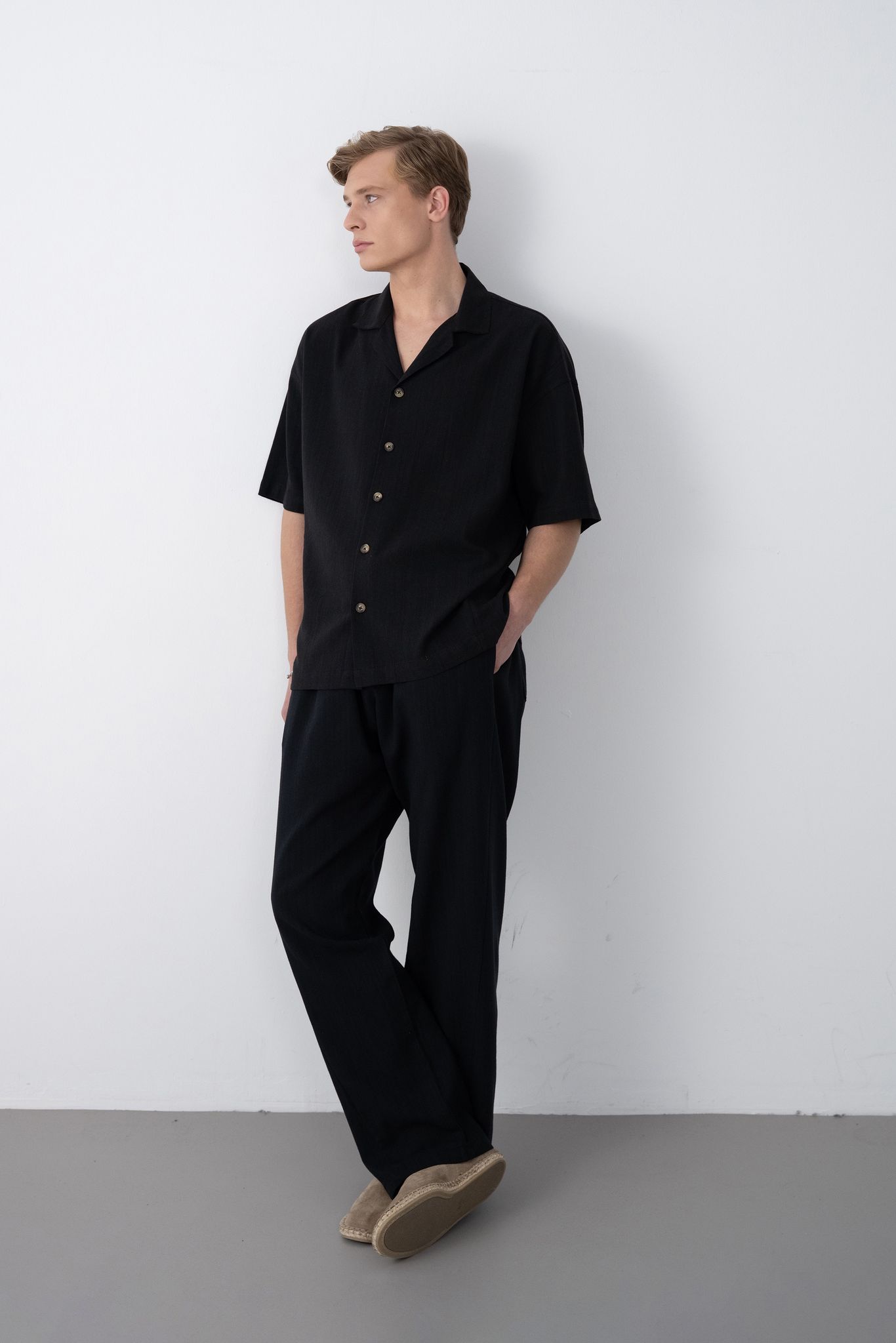 Dokuma Detaylı Gömlek – Siyah - Oversize Fit