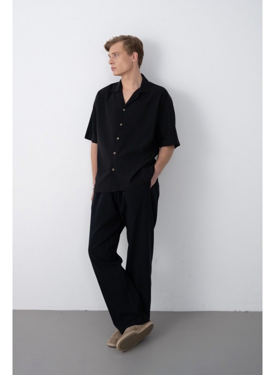 Dokuma Detaylı Gömlek – Siyah - Oversize Fit