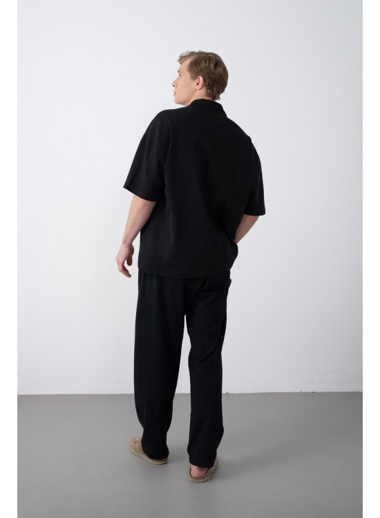 Dokuma Detaylı Gömlek – Siyah - Oversize Fit