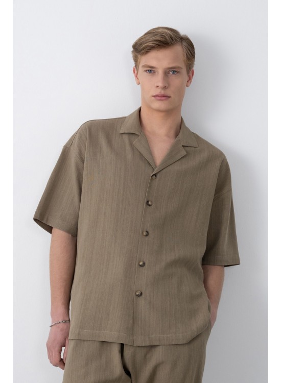 Dokuma Detaylı Gömlek – Kahve -  Oversize Fit
