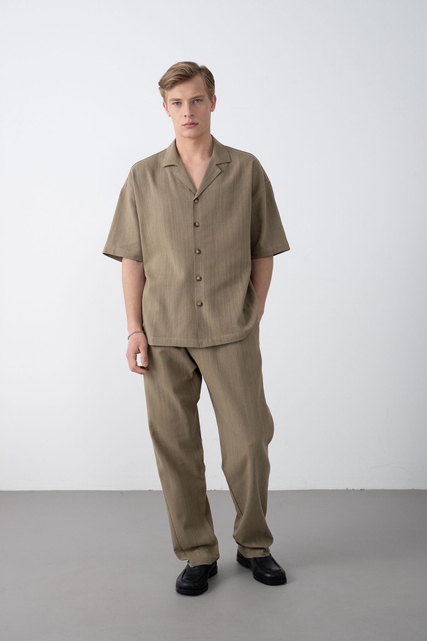 Dokuma Detaylı Gömlek – Kahve -  Oversize Fit