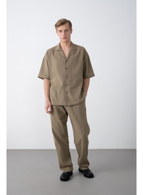 Dokuma Detaylı Gömlek – Kahve -  Oversize Fit