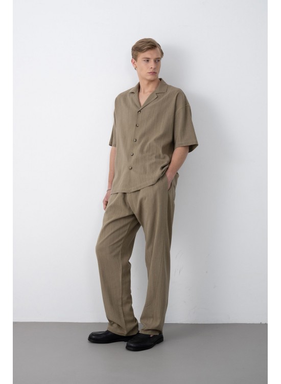 Dokuma Detaylı Gömlek – Kahve -  Oversize Fit
